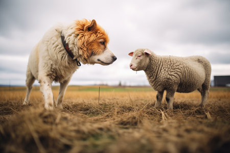 canine and sheep interaction on cloudy dayの素材