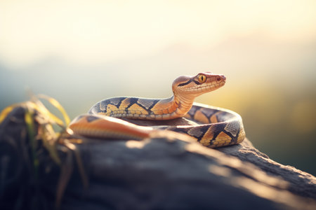 mamba snake resting on a sunbathed cliff edgeの素材