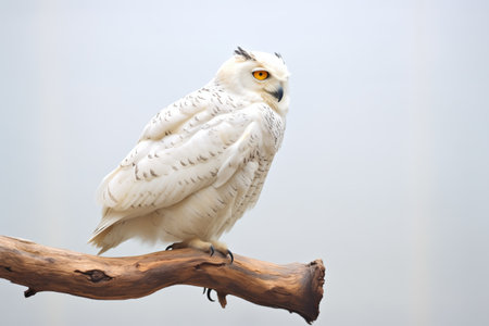 profile shot of a snowy owl sitting on a snow-covered branchの素材