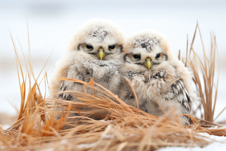 snowy owl chicks huddled together on a snowy nestの素材