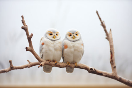 two snowy owls roosting on a snowy branchの素材