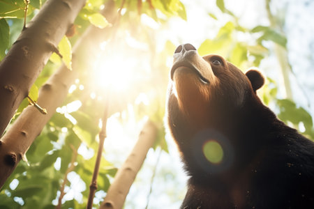 low angle view of sun bear in towering forestの素材