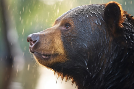 dew-covered sun bear in morning lightの素材
