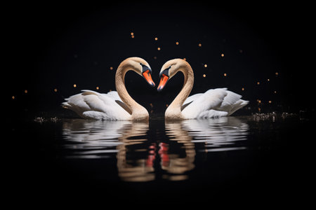 high-contrast image of swans at night, neck heart glowingの素材
