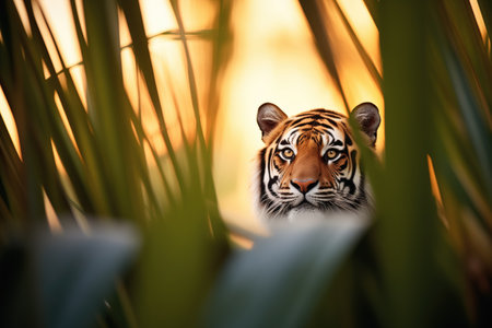 tiger silhouette against sunset in jungleの素材