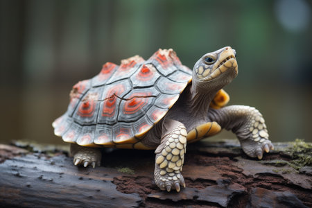 turtle with patterned shell basking on a bark-covered logの素材