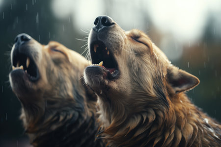 pair of wolves lifting their heads in a howlの素材