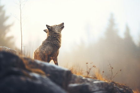 wolf baying to the sky on misty morningの素材