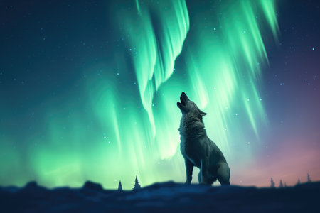 wolf howling with northern lights backdropの素材