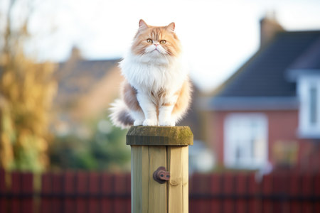 fluffy cat standing on hind legs atop a fence postの素材