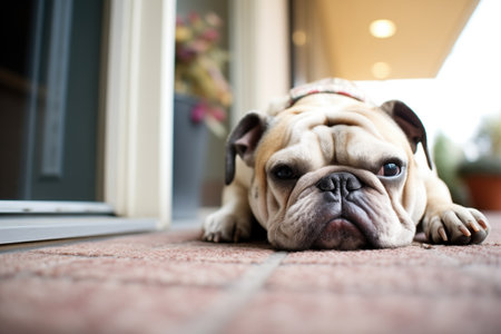 french bulldog with tilted head on welcome matの素材