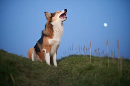 collie on grassy knoll, howling in moonlightの素材