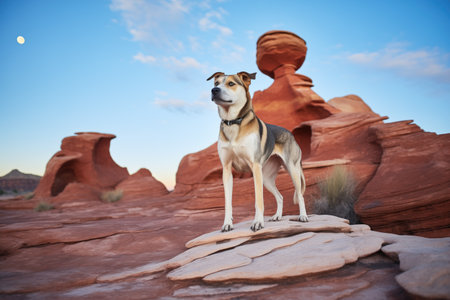 dog on a rock formation, full moon in backdropの素材