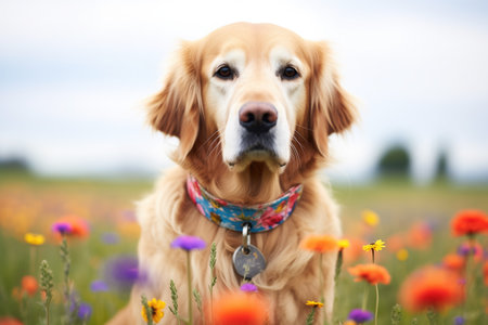 golden retriever wearing a floral collar in a field of flowersの素材