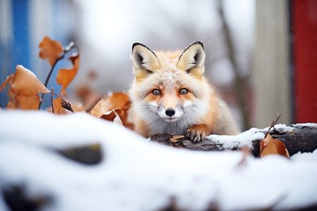 fox camouflaged among snow and fallen logsの素材
