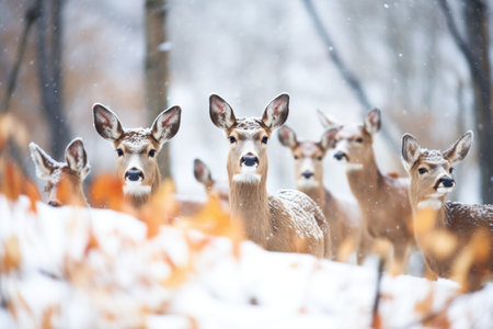 deer herd huddled together during snowfallの素材
