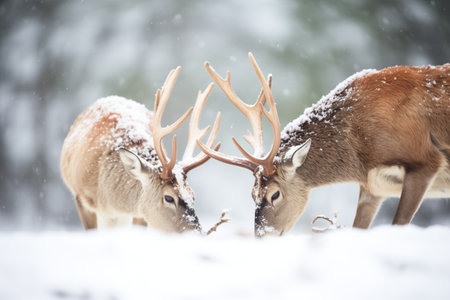 two deer locking antlers gently in snowfallの素材