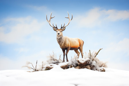 majestic stag overlooking the herd from a snow moundの素材
