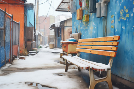 bench with snow and icicles in alleyの素材