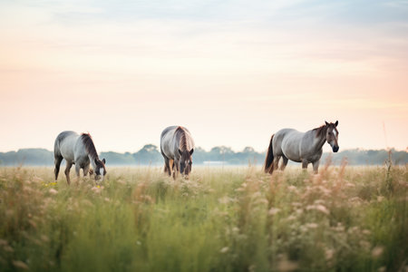 horses grazing in a dusky fieldの素材