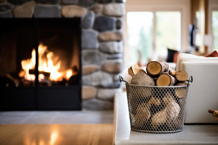 logs in metal basket beside stone fireplaceの素材