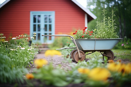wheelbarrow beside a peaceful barn gardenの素材