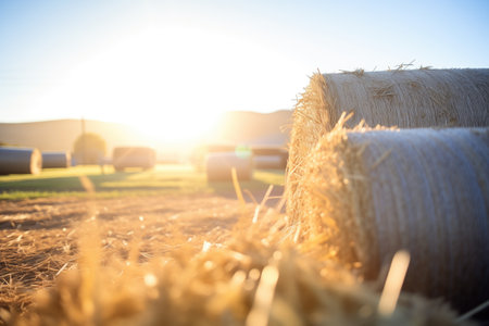 sunlight streaming onto hay balesの素材