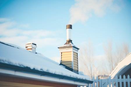 chimney on snowy roof with smoke drifting in cold airの素材