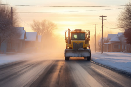 snow plow clearing main road at dawnの素材