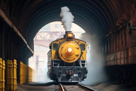 steam enveloping train as it exits tunnelの素材