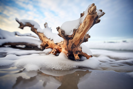 driftwood on snow with icy waves splashing aroundの素材