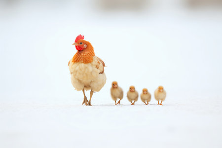 hen leading chicks through thin snow coverの素材