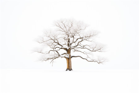 high contrast image of a dark tree against a white snowy backdropの素材