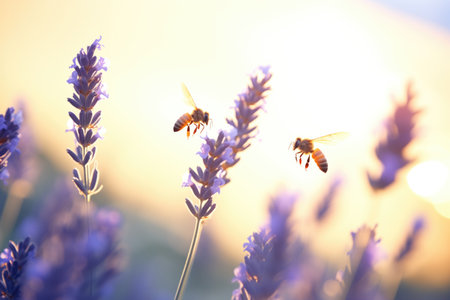 bees on lavender with glowing sunset behindの素材