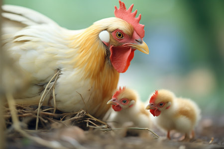 mother hen teaching chicks to peck at foodの素材
