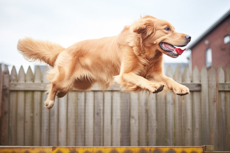 golden retriever jumping over a wooden fenceの素材
