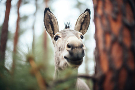 long-eared donkey beneath a pine treeの素材