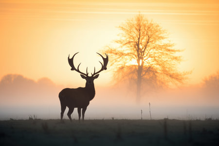 silhouette of elk at sunrise in a misty fieldの素材