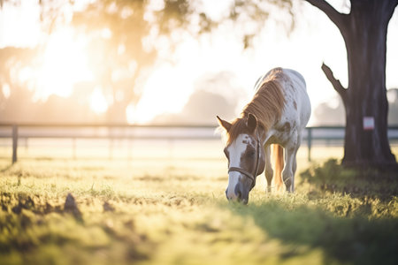 horse grazing in paddock with sun flareの素材