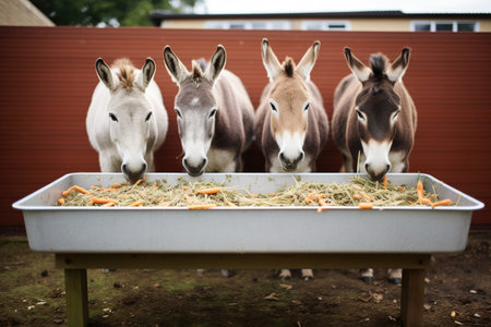 donkeys eating oats out of a stable troughの素材