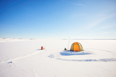 solitary ice fishing hole on a frozen lakeの素材