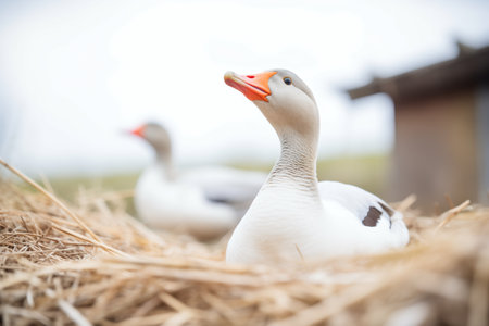 single goose hissing at an unseen threat near nestの素材