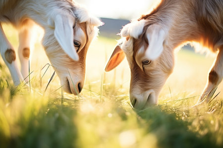 sunlight casting shadows of two head-butting goats on grassの素材