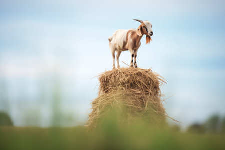 goat balancing on a hay baleの素材