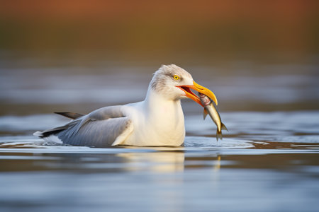 a gull with a fish in its beak on the waters edgeの素材