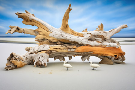 gull tracks surrounding a beached driftwood logの素材
