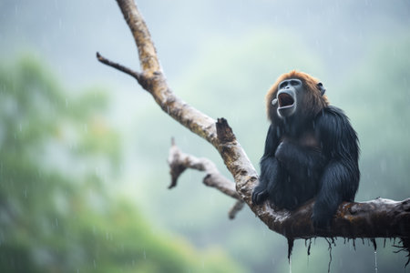 howler monkey calling during a misty morningの素材
