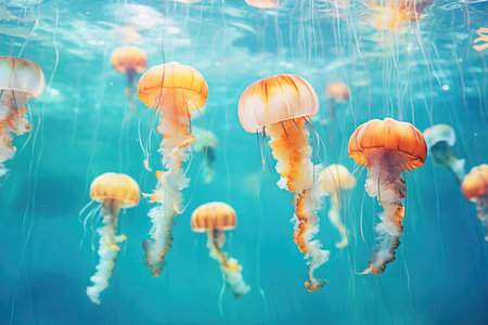 group of jellyfish floating in clear waterの素材
