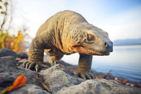 komodo dragon stalking on sun-heated rocksの素材