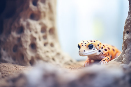 leopard gecko hiding behind rock formationの素材